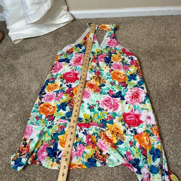 Peach Love dress floral print halter neck short open V back & front SZ MD summer - Picture 7 of 9
